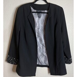 Maggie Barnes Womens 0X 14/16W Black Blazer Embellished Cuffs Open Front Event